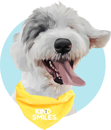 Cartoon dog wearing a yellow bandana with "Kind Smiles" logo, symbolizing a friendly and welcoming pediatric dental environment.