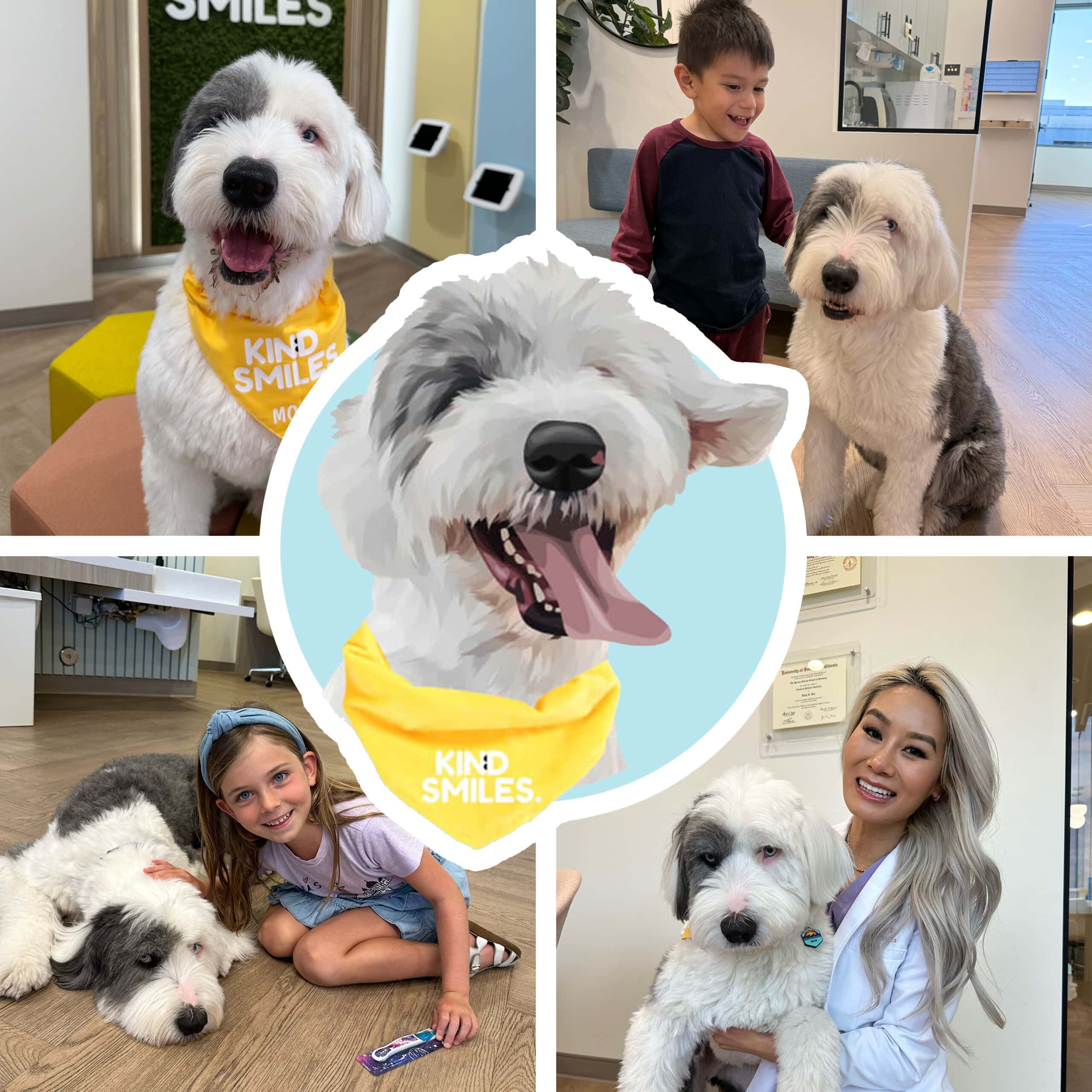 Collage of happy dogs and children at Kind Smiles Orthodontics clinic